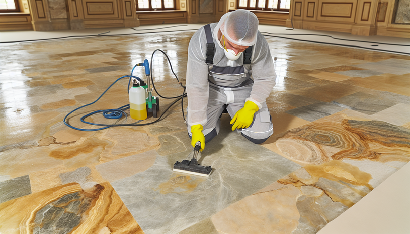Professional using advanced cleaning techniques on natural stone floor