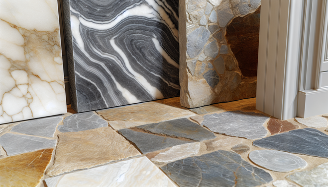 Various natural stone surfaces including marble floors and travertine tiles